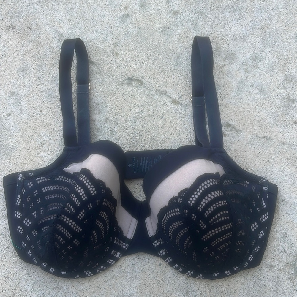 ThirdLove Deco Lace Demi Black/Nude Bra Women's Size 34F
